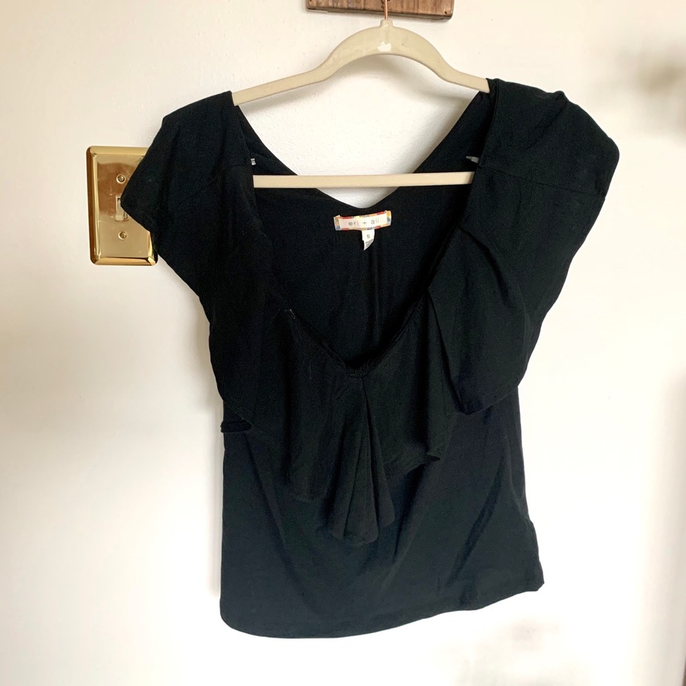 ANTHROPOLOGIE Eri + Ali Black Ruffle V-Neck Top